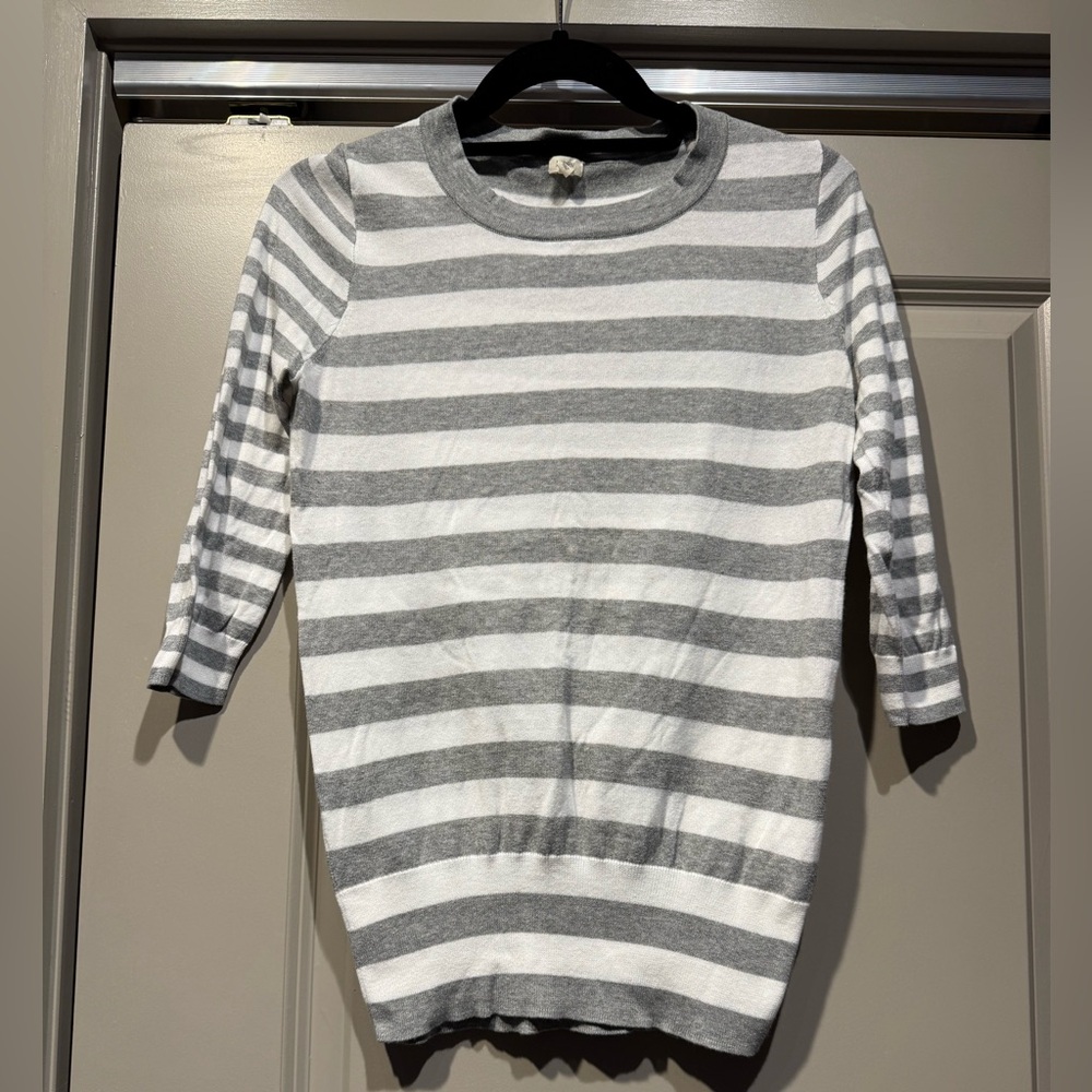 J. Crew Heather Gray and White women’s XS Striped 3/4 sleeve cotton sweater